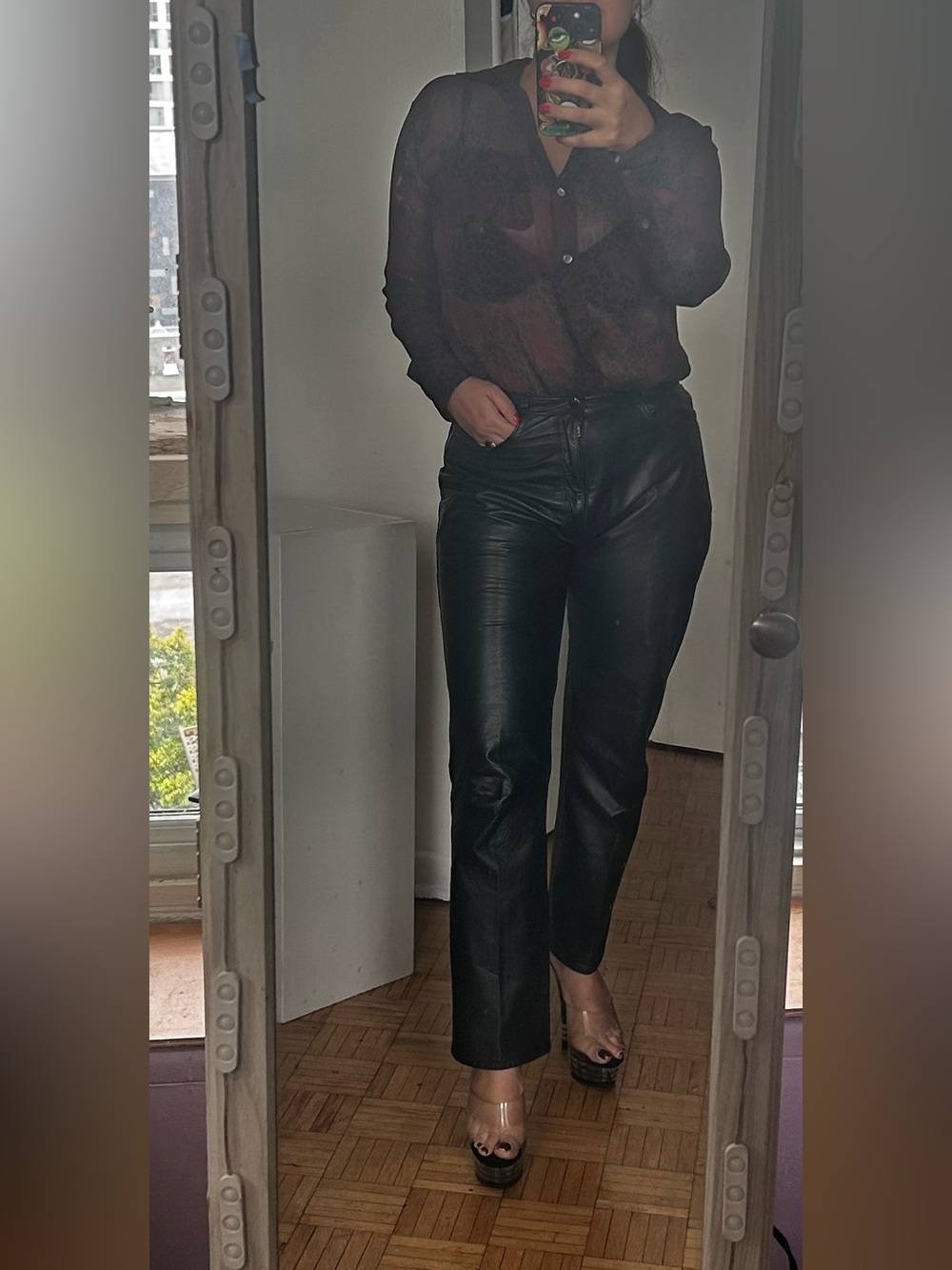 Black Genuine Leather High-Rise Straight Leg Pants Vintage Style